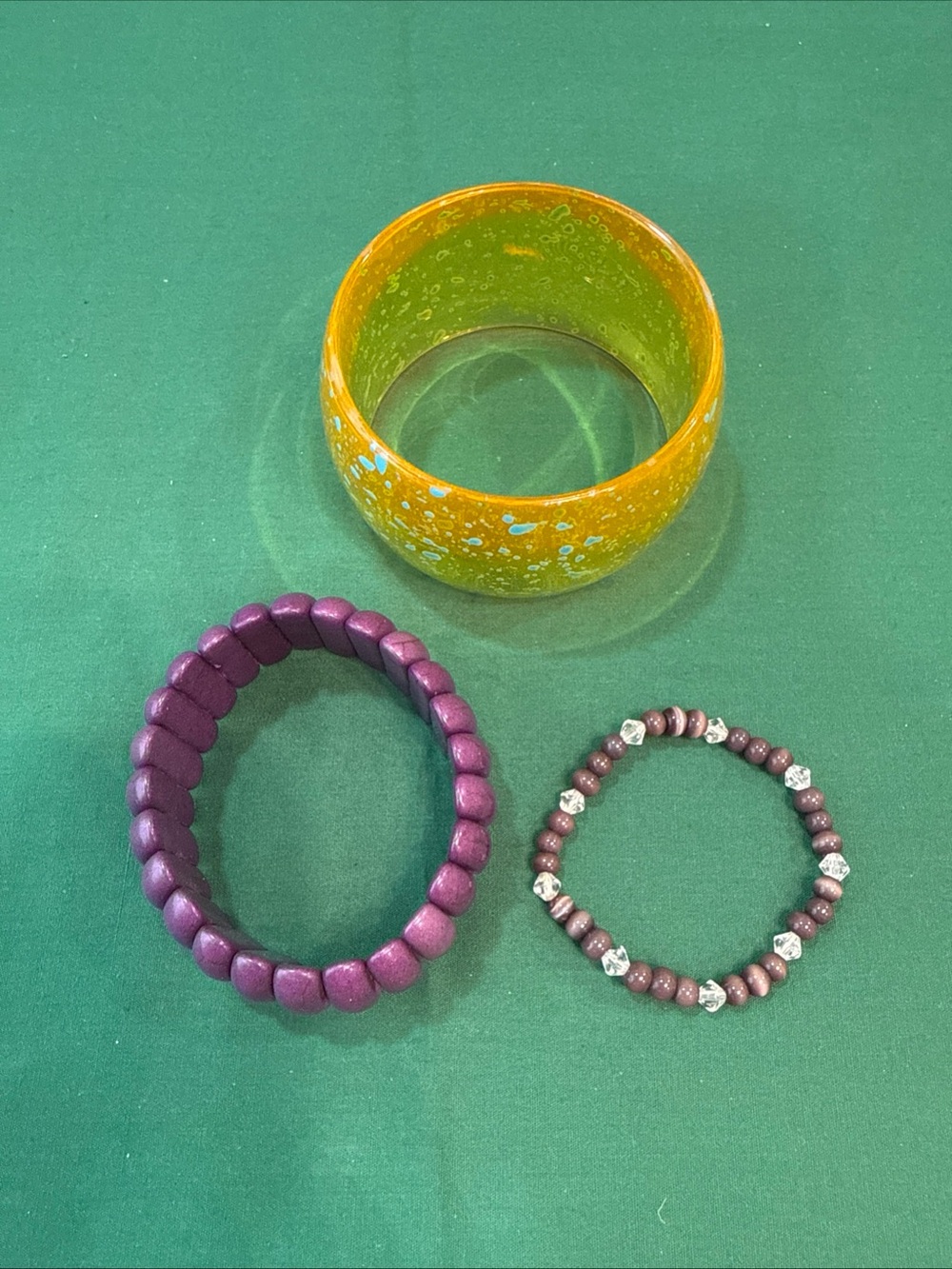 3 bracelets purple beaded and stretch, hard gold & blue bracelet #85A